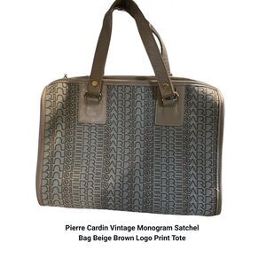 Pierre Cardin Vintage Monogram Satchel Bag Beige Brown Logo Print Tote